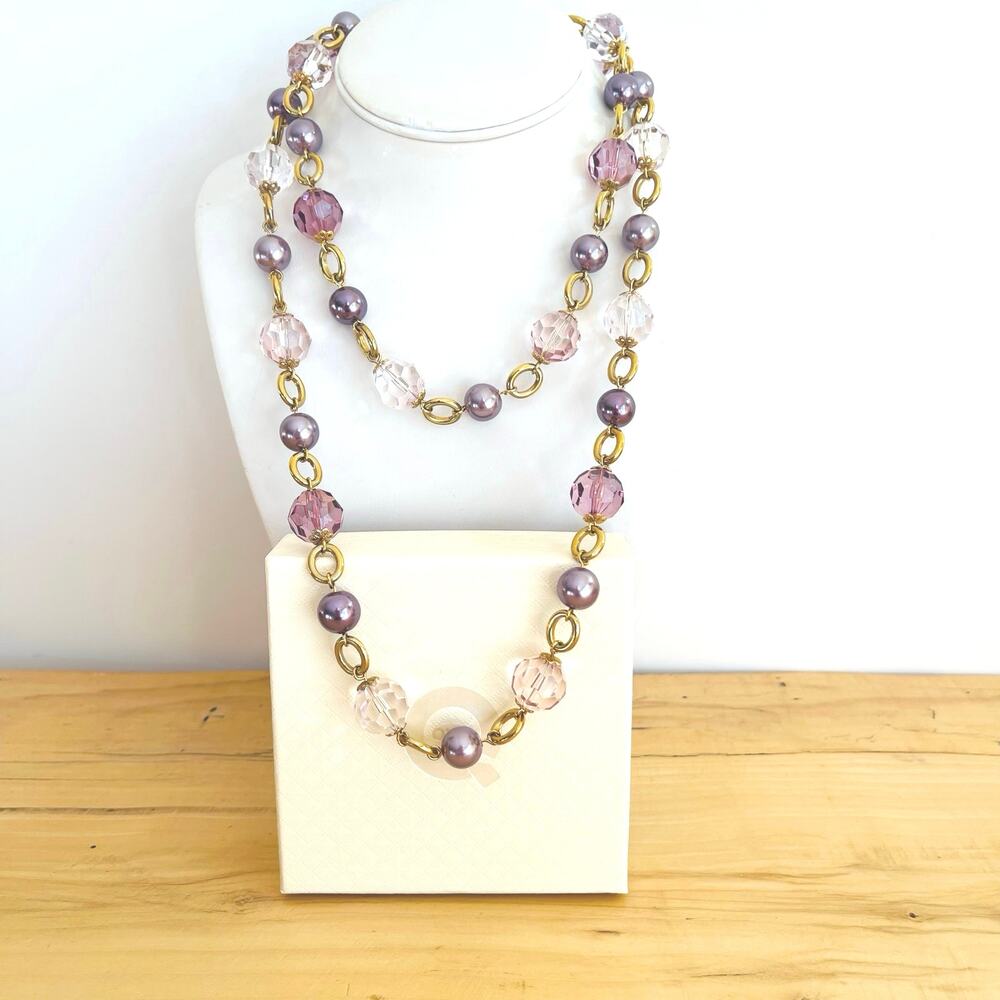 Vtg KJL Kenneth Jay Lane Crystal Glass Bead Necklace Lilac Signed